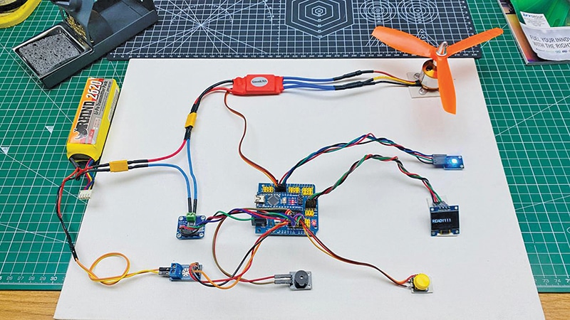 Electronics prototype with motor, sensors, and wiring